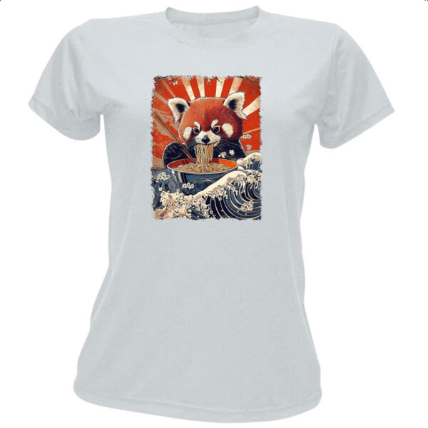 Camiseta Baby Look Panda vermelho comendo Lamen
