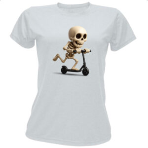 Camiseta Baby Look Caveira Cute andando de patinete
