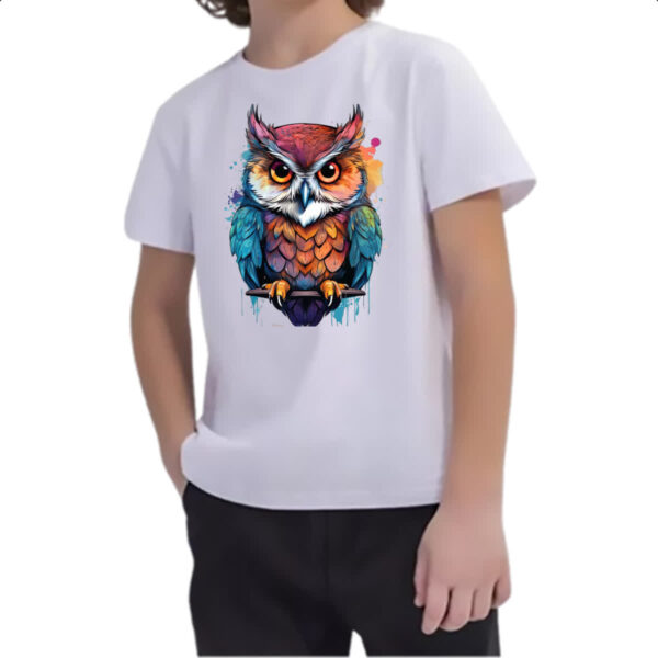 Camiseta Infanto Juvenil Coruja Watercolor Arte - Imagem 2