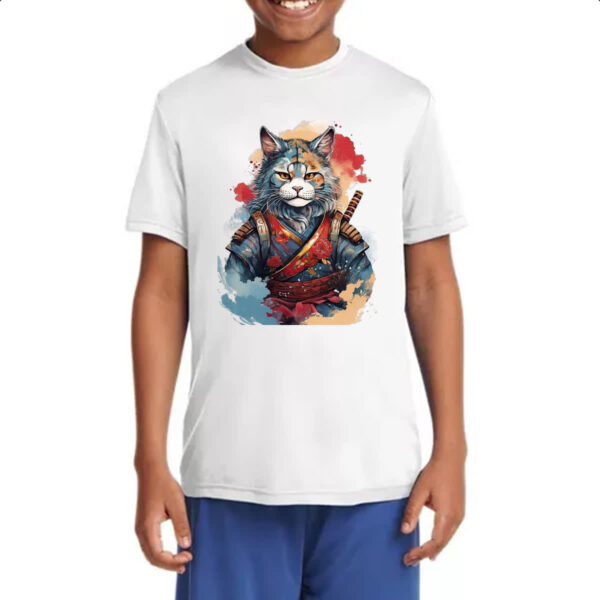 Camiseta Infanto Juvenil Gato samurai Watercolor Arte - Imagem 4