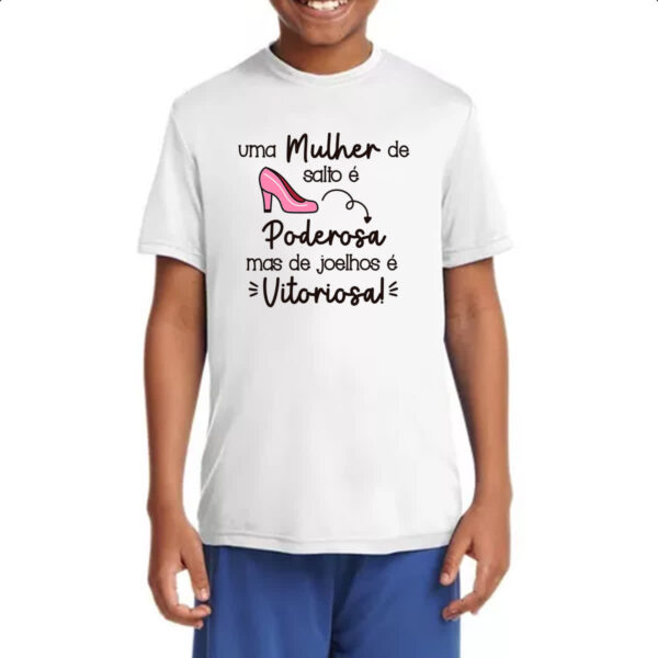 Camiseta Infanto Juvenil Mulher Salto Poderosa Joelhos Vitoriosa - Imagem 4