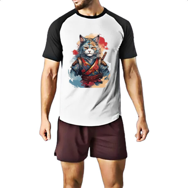 Camiseta Raglan Gato samurai Watercolor Arte - Imagem 2