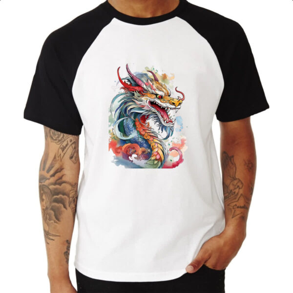 Camiseta Raglan Dragao chines Watercolor Arte - Imagem 3