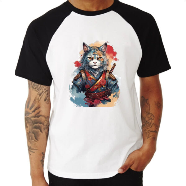 Camiseta Raglan Gato samurai Watercolor Arte - Imagem 3