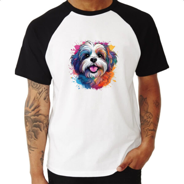Camiseta Raglan Lhasa apso Watercolor Arte - Imagem 3