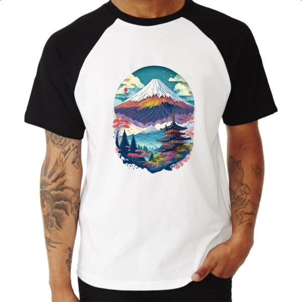 Camiseta Raglan Monte Fuji Watercolor Arte - Imagem 3