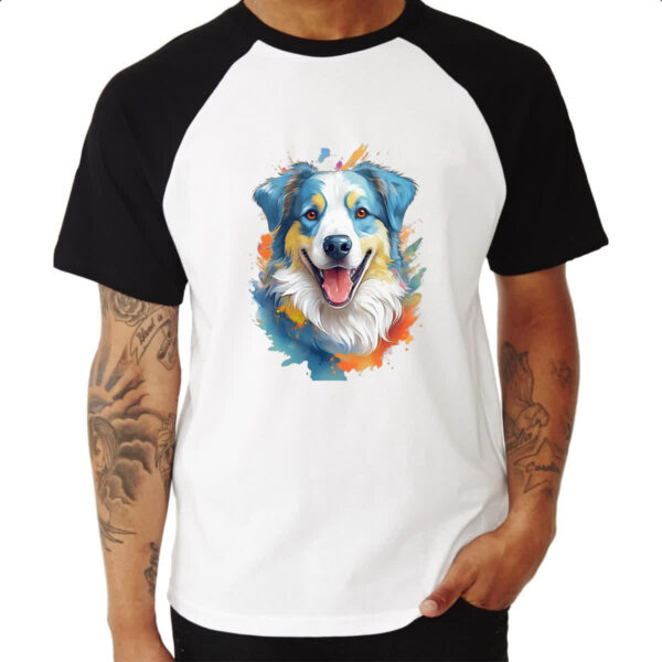 Camiseta Raglan Pastor-australiano Watercolor Arte - Imagem 3