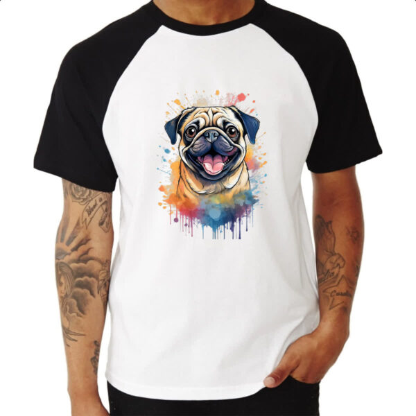 Camiseta Raglan Pug Watercolor Arte - Imagem 3