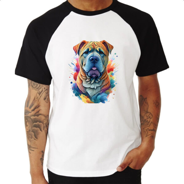 Camiseta Raglan Shar-pei Watercolor Arte - Imagem 3