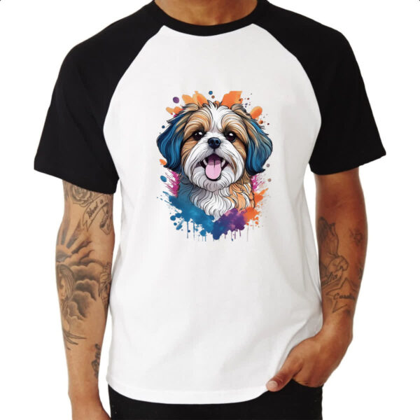 Camiseta Raglan Shih Tzu Watercolor Arte - Imagem 3
