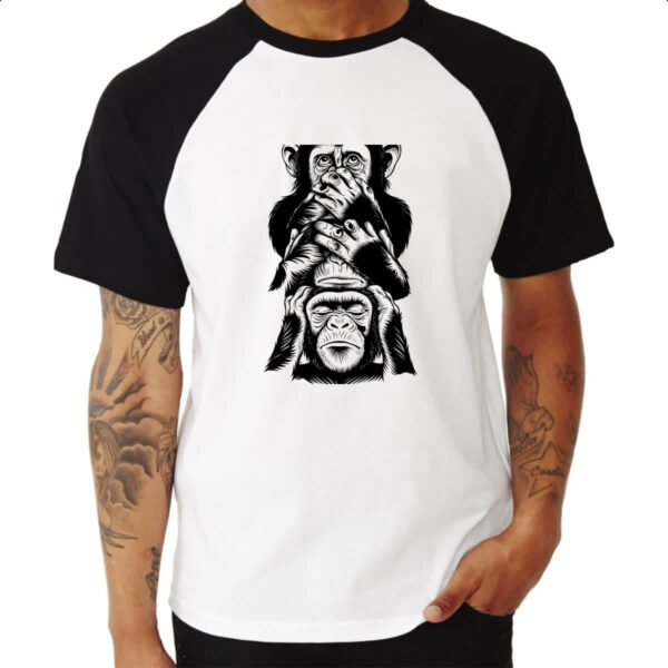 Camiseta Raglan 3 macacos sabios chinpanzes - Imagem 3