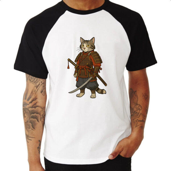 Camiseta Raglan Gato Samurai Cartoon Art - Imagem 3