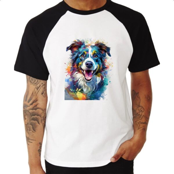 Camiseta Raglan Border Collie Watercolor Arte - Imagem 3