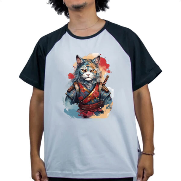 Camiseta Raglan Gato samurai Watercolor Arte - Imagem 4