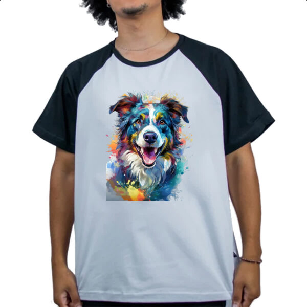 Camiseta Raglan Border Collie Watercolor Arte - Imagem 4