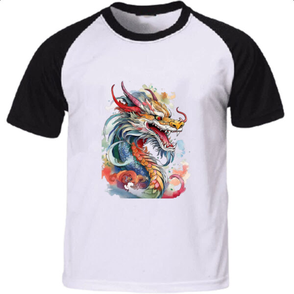 Camiseta Raglan Dragao chines Watercolor Arte