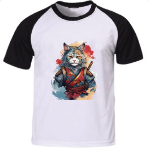 Camiseta Raglan Gato samurai Watercolor Arte