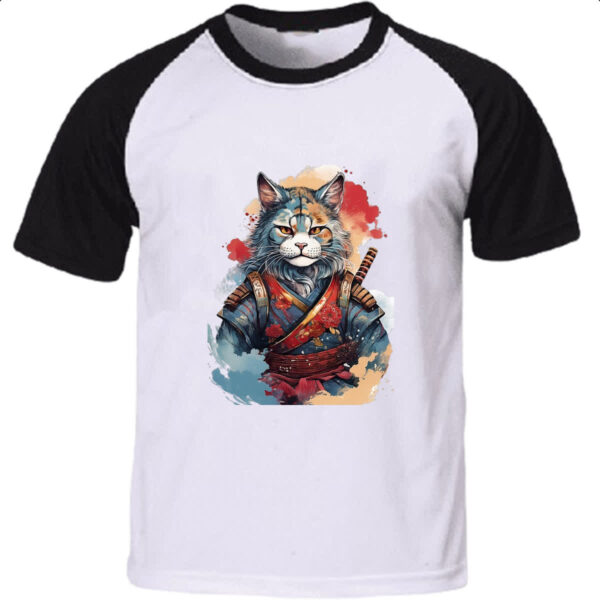 Camiseta Raglan Gato samurai Watercolor Arte