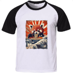 Camiseta Raglan Panda vermelho comendo Lamen