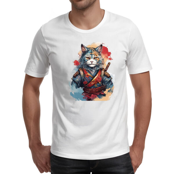 Camiseta Unissex Gato samurai Watercolor Arte - Imagem 2