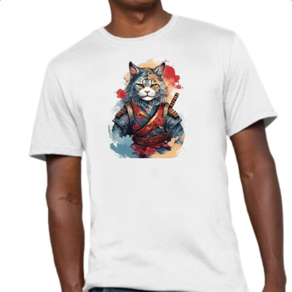 Camiseta Unissex Gato samurai Watercolor Arte - Imagem 4