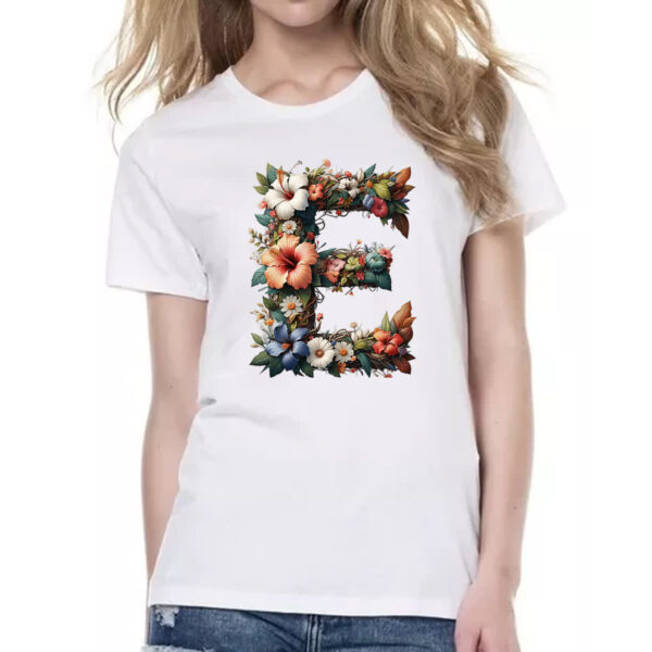 Camiseta Baby Look Alfabeto Floral Letra E - Imagem 2