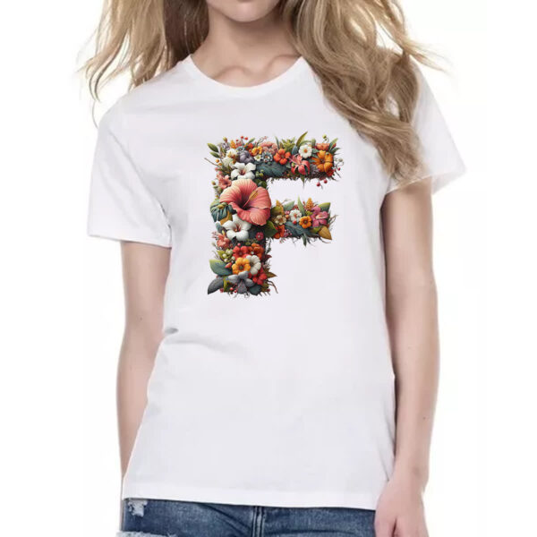 Camiseta Baby Look Alfabeto Floral Letra F - Imagem 2