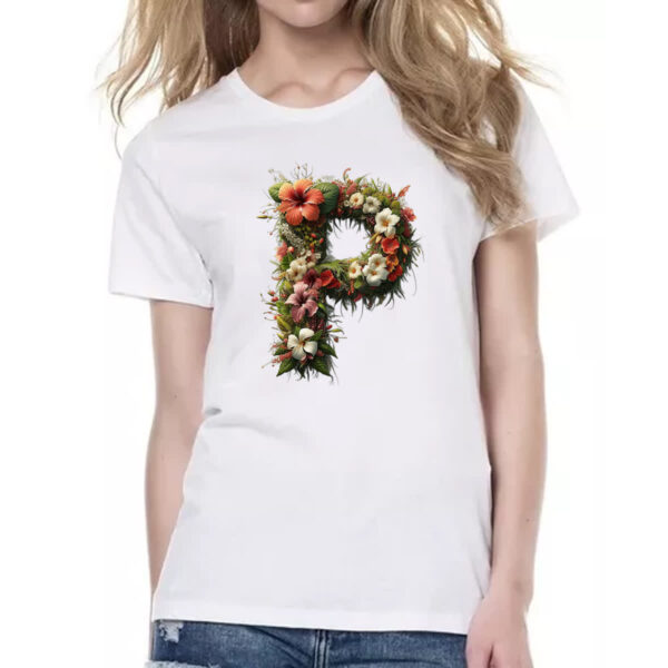 Camiseta Baby Look Alfabeto Floral Letra P - Imagem 2