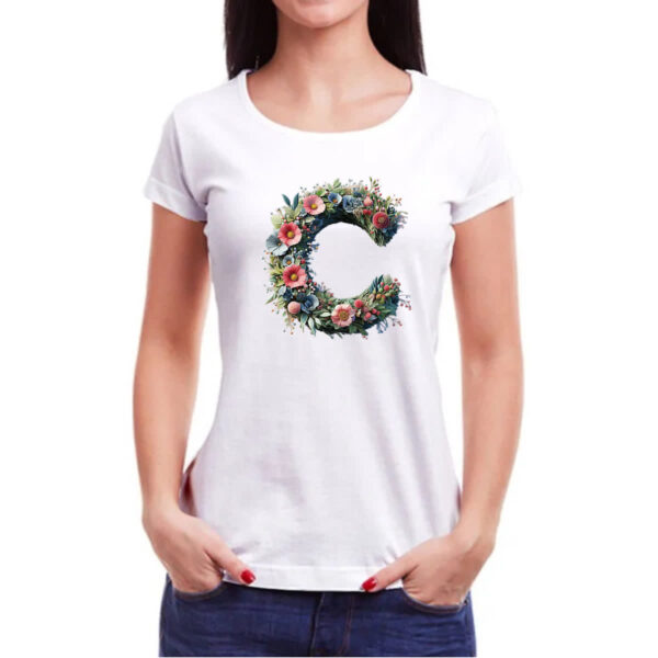 Camiseta Baby Look Alfabeto Floral Letra C - Imagem 3