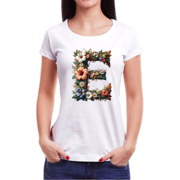 Camiseta Baby Look Alfabeto Floral Letra E - Imagem 3