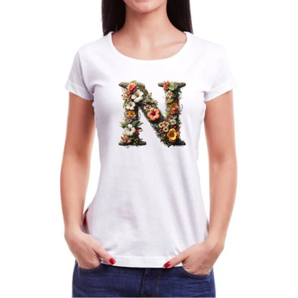Camiseta Baby Look Alfabeto Floral Letra N - Imagem 3