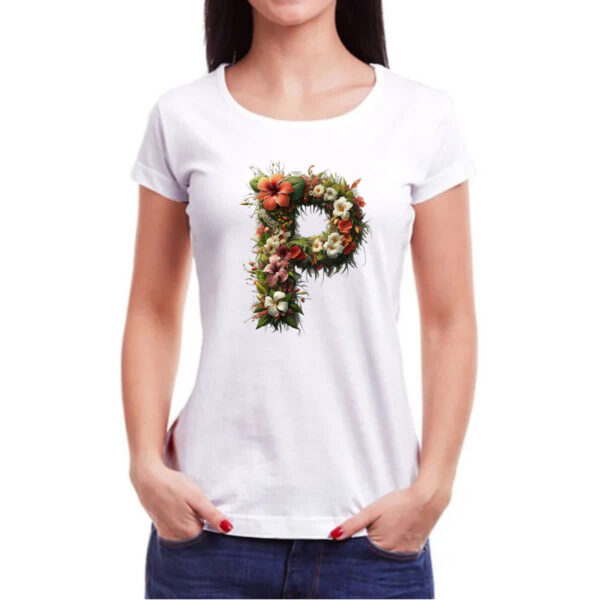 Camiseta Baby Look Alfabeto Floral Letra P - Imagem 3