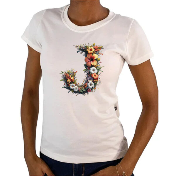 Camiseta Baby Look Alfabeto Floral Letra J - Imagem 4
