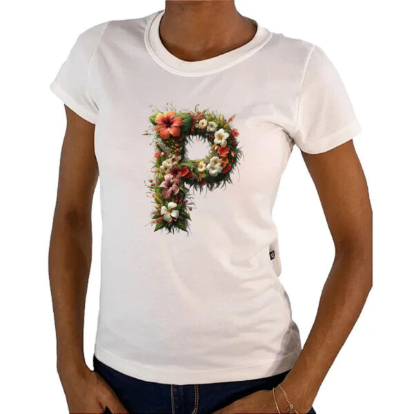 Camiseta Baby Look Alfabeto Floral Letra P - Imagem 4