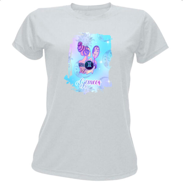 Camiseta Baby Look Gemeos fundo zodiacal