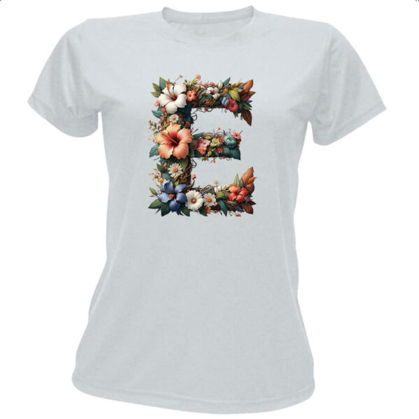 Camiseta Baby Look Alfabeto Floral Letra E