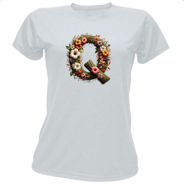 Camiseta Baby Look Alfabeto Floral Letra Q