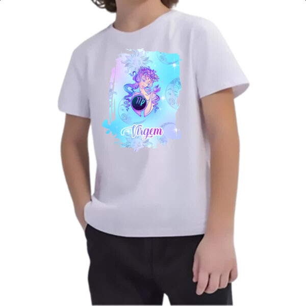 Camiseta Infanto Juvenil Virgem fundo zodiacal - Imagem 2
