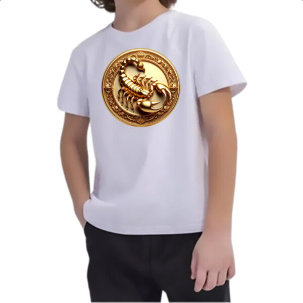 Camiseta Infanto Juvenil Signo de Escorpiao moeda de ouro - Imagem 2