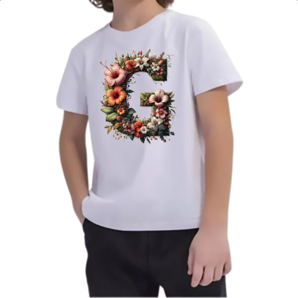 Camiseta Infanto Juvenil Alfabeto Floral Letra G - Imagem 2