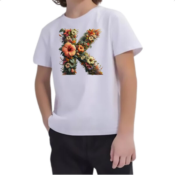 Camiseta Infanto Juvenil Alfabeto Floral Letra K - Imagem 2
