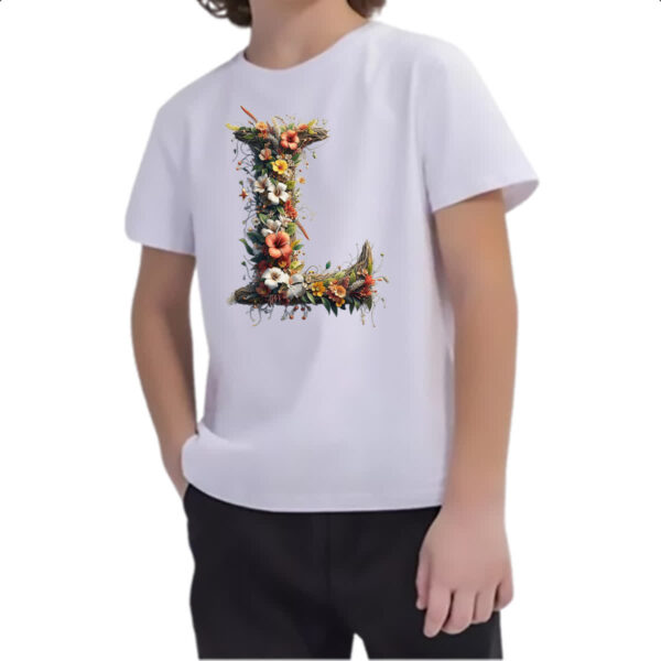 Camiseta Infanto Juvenil Alfabeto Floral Letra L - Imagem 2