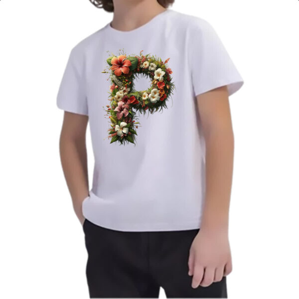 Camiseta Infanto Juvenil Alfabeto Floral Letra P - Imagem 2