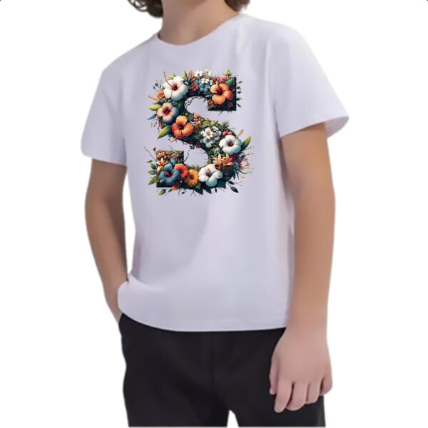 Camiseta Infanto Juvenil Alfabeto Floral Letra S - Imagem 2