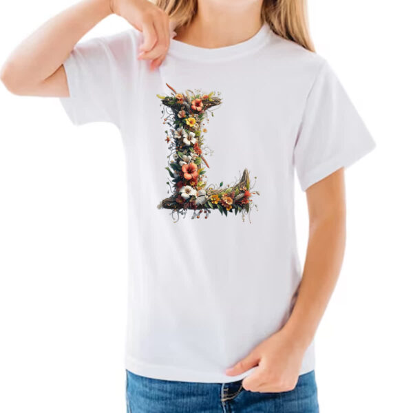 Camiseta Infanto Juvenil Alfabeto Floral Letra L - Imagem 3