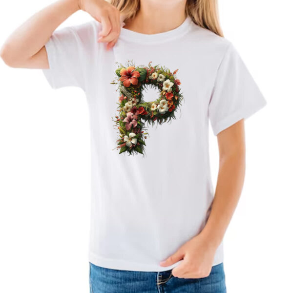 Camiseta Infanto Juvenil Alfabeto Floral Letra P - Imagem 3