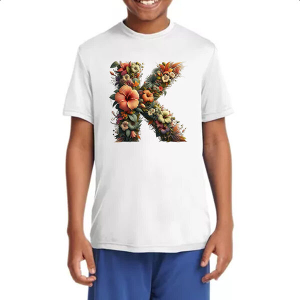 Camiseta Infanto Juvenil Alfabeto Floral Letra K - Imagem 4