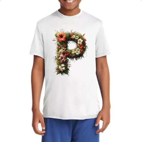 Camiseta Infanto Juvenil Alfabeto Floral Letra P - Imagem 4