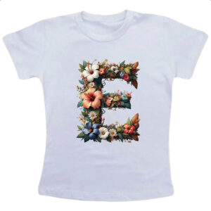 Camiseta Infanto Juvenil Alfabeto Floral Letra E