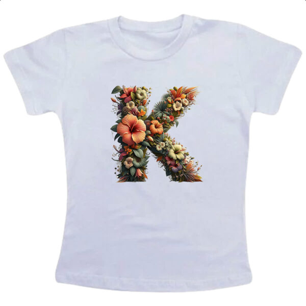 Camiseta Infanto Juvenil Alfabeto Floral Letra K